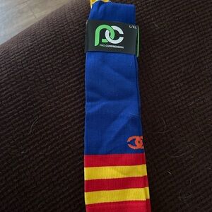 Pro Compression Blue Socks with Red and Yellow Stripes
